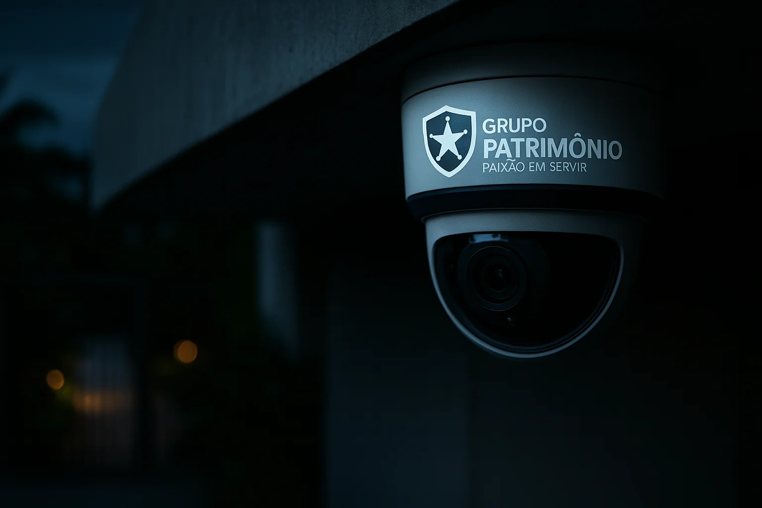 Câmera dome de segurança eletrônica com a marca do Grupo Patrimônio na entrada de um condomínio ao anoitecer